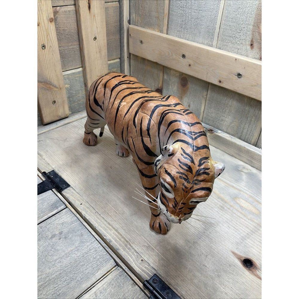 VINTAGE Leather Wrapped Tiger Sculpture Glass Eyes Jungle Safari Figurine Rare - Picture 2 of 11